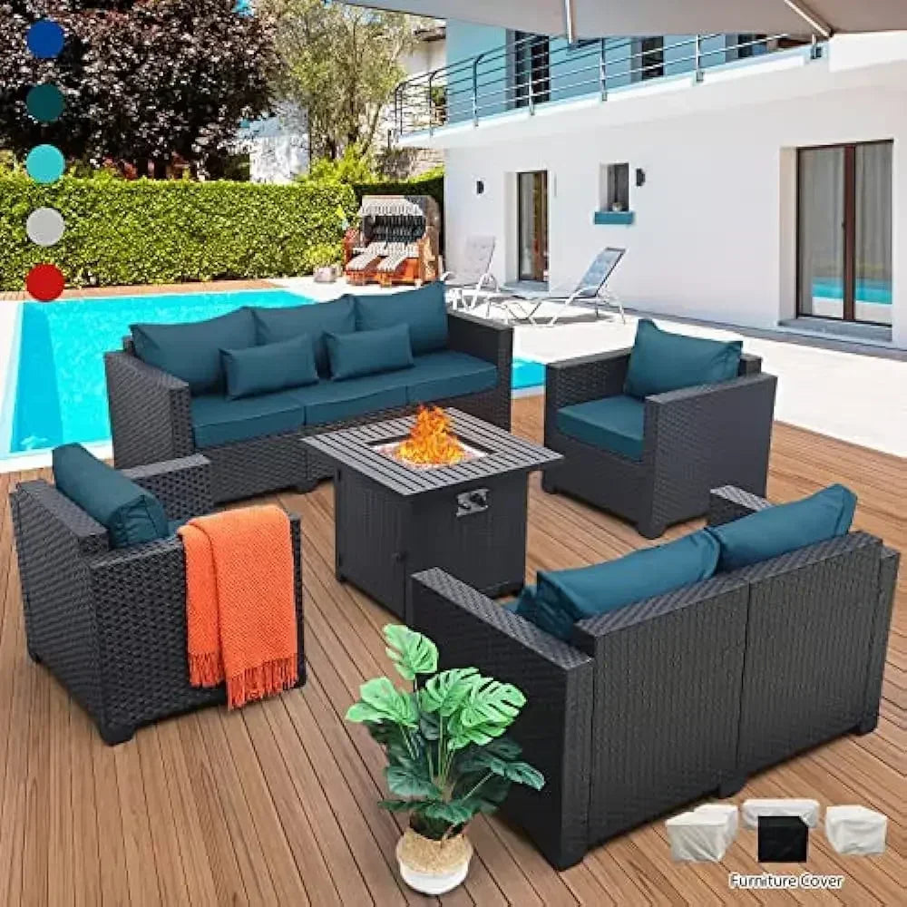 5-Piece Outdoor Wicker Patio Furniture Set – 45" Fire Pit Table, No-Slip Cushions & Waterproof Cover