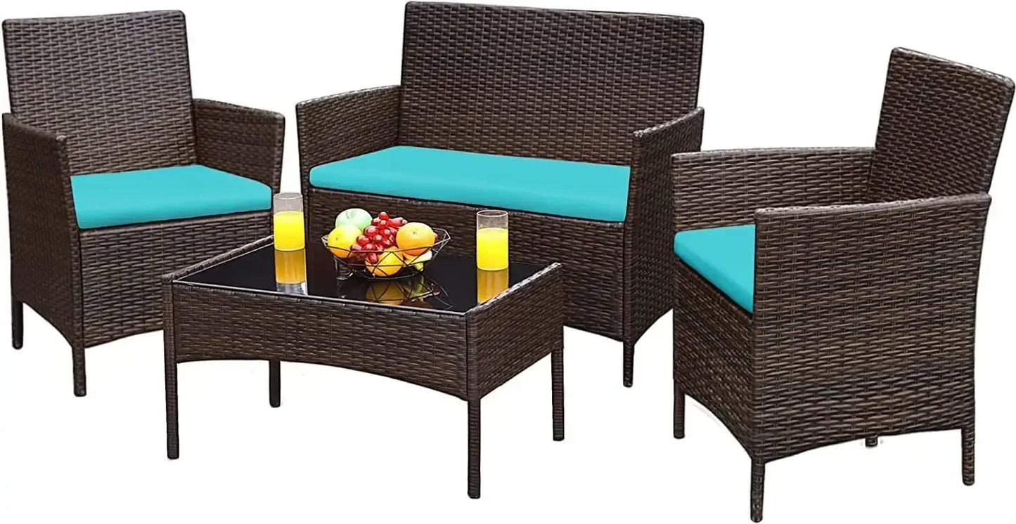 4-Piece Outdoor Wicker Rattan Patio Furniture Set – Sofa & Chairs with Soft Cushions and Glass Table