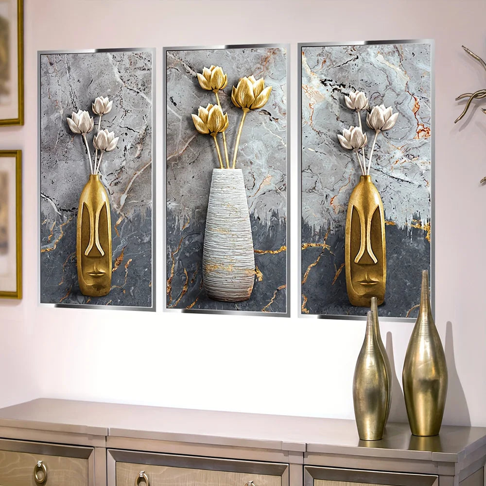 3D Golden Vase Floral 3pcs Set Art Aesthetic Posters Prints Living Room Home Decor Canvas - Homeward Trends