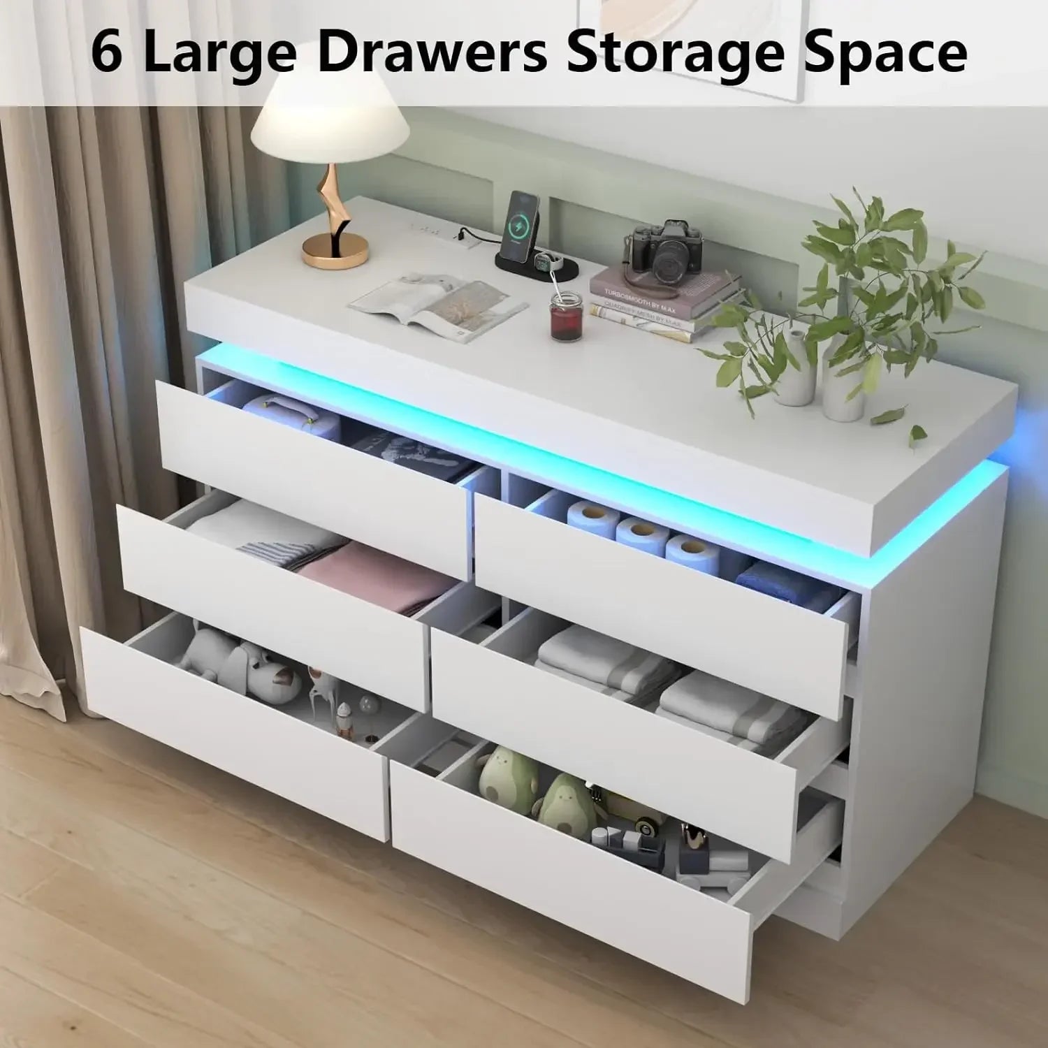 Dresser with Power Outlet, Chest of Drawers with LED Light, White Dresser Organizer with Open Storage Cubby, Modern Nightstand - Homeward Trends