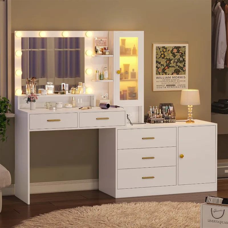 Makeup Vanity with Lights Vanity Desk with Mirror, Large Vanity Table Set with Drawer Dresser, Charging Station & RGB Cabinets - Homeward Trends