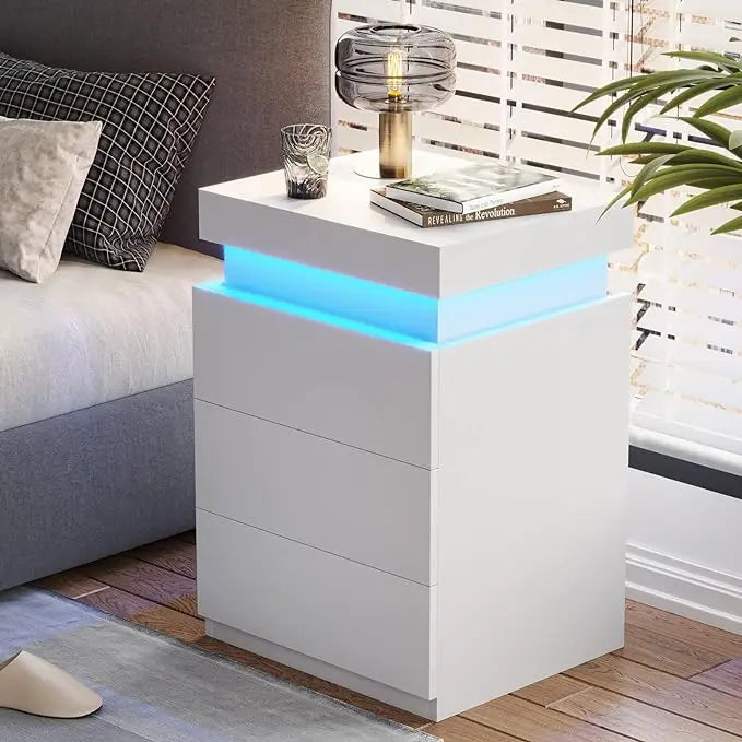 LED Bedside Table With 3 Bedroom Drawers 16-color Lights and 2 AC and 2 USB Ports Bedside Tables for the Bedroom Nightstands - Homeward Trends