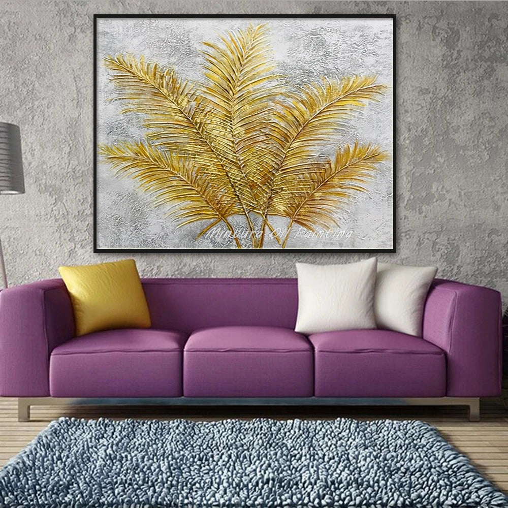 Mintura Hand-Painted Golden Leaves Oil Painting on Canvas - Modern Abstract Pop Art for Home and Room Decor - Homeward Trends