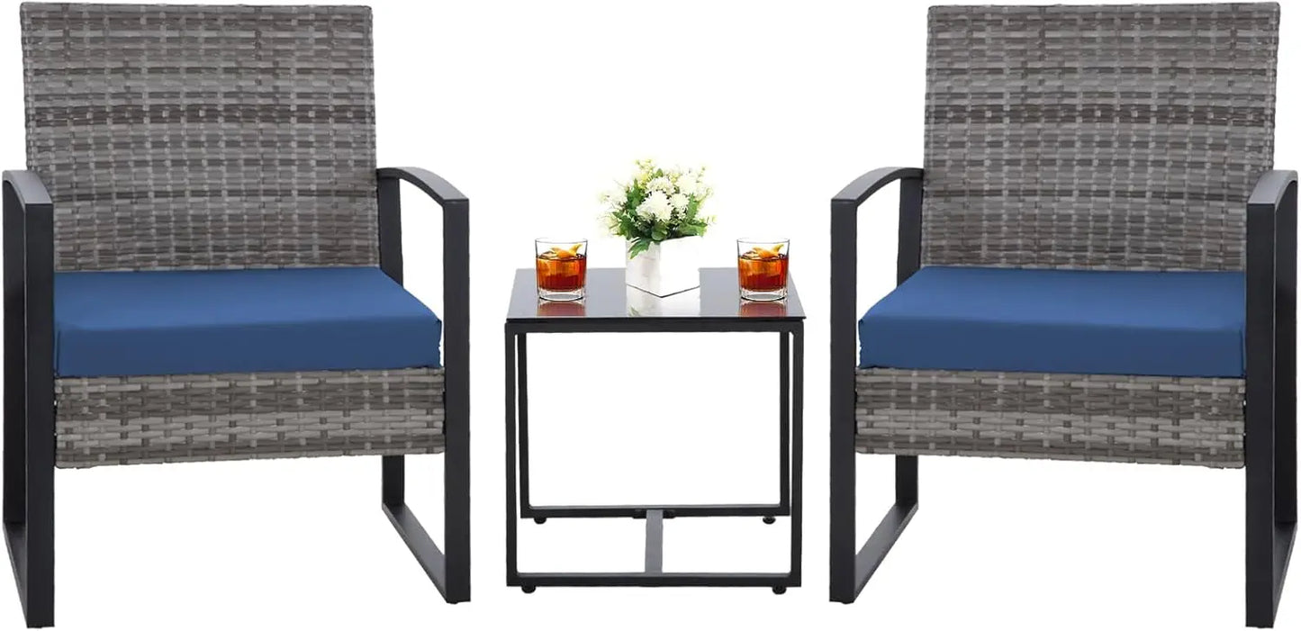 3PCS Outdoor Wicker Patio Furniture Set – Rattan Bistro Chairs & Glass Table with Cushions for Garden & Deck