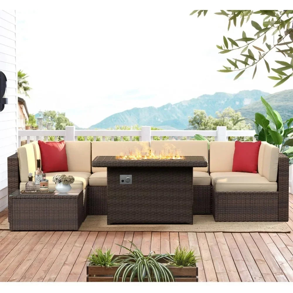 Patio Furniture Set 8PCS With 40" Fire Pit Table Outdoor Sectional Sofa Set Wicker Furniture Set With Coffee Table Garden Sets - Homeward Trends