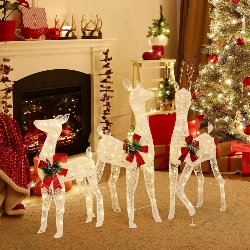 Christmas Reindeer Family Set - Indoor/Outdoor Deer Decor with LED Lights & Ground Stakes