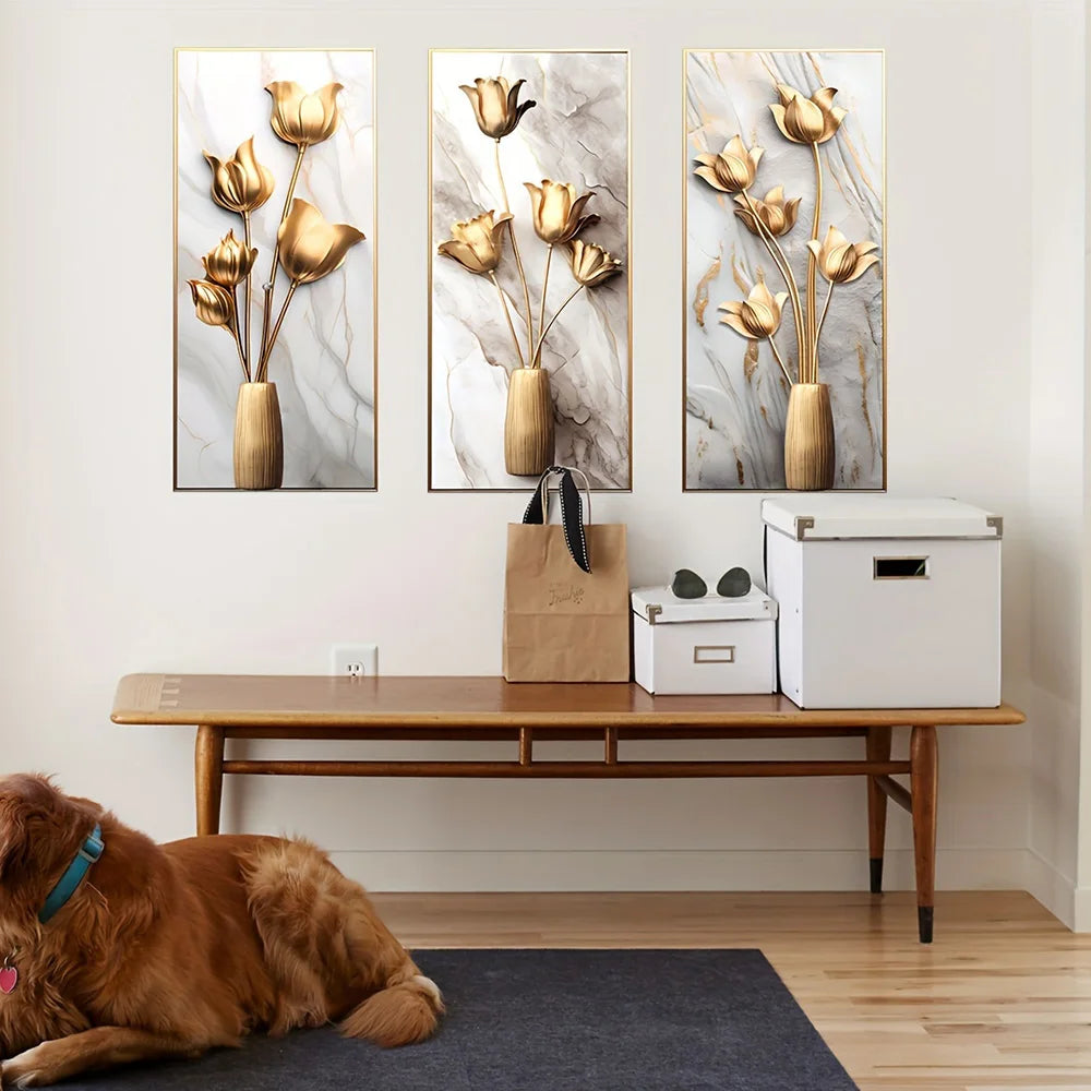 3D Golden Vase Floral 3pcs Set Art Aesthetic Posters Prints Living Room Home Decor Canvas - Homeward Trends