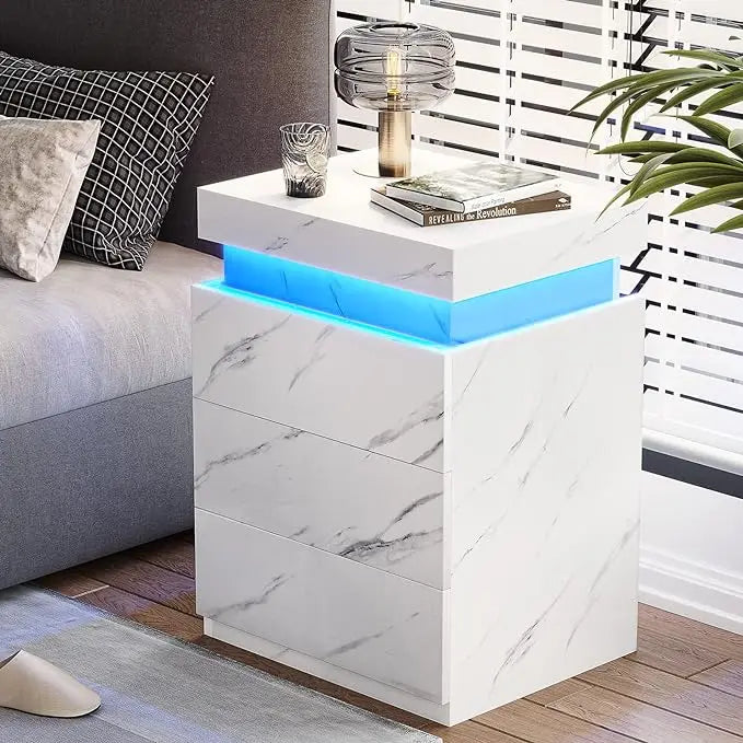 LED Bedside Table With 3 Bedroom Drawers 16-color Lights and 2 AC and 2 USB Ports Bedside Tables for the Bedroom Nightstands - Homeward Trends