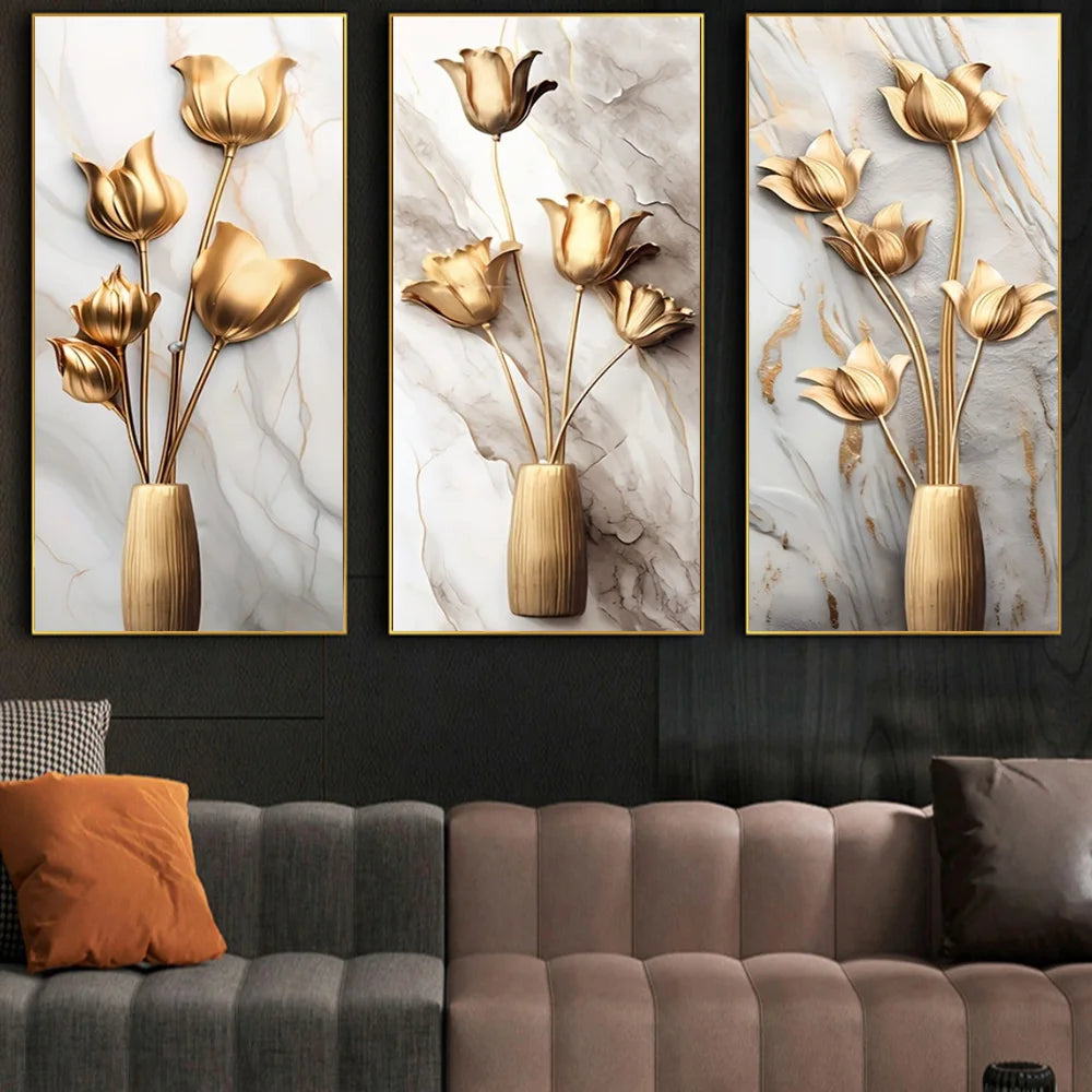 3D Golden Vase Floral 3pcs Set Art Aesthetic Posters Prints Living Room Home Decor Canvas - Homeward Trends