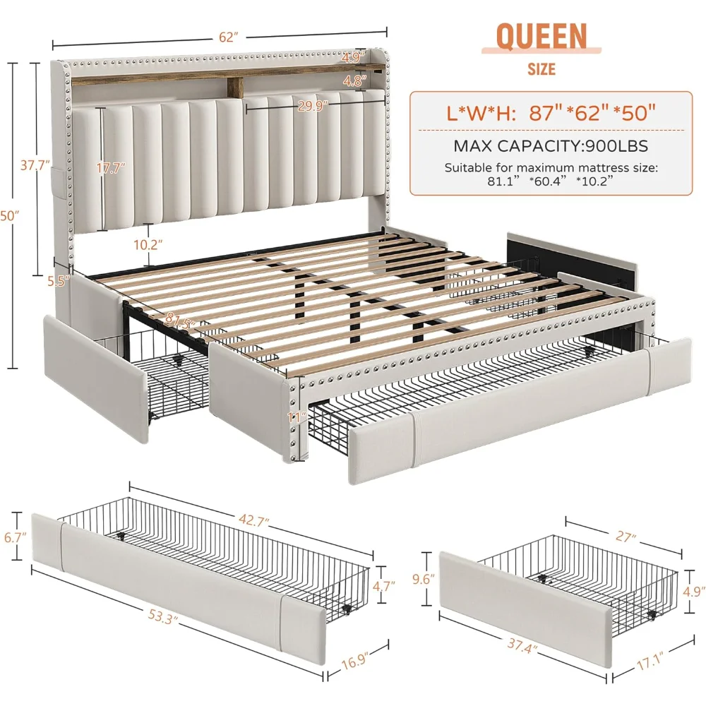 Queen Bed Frame, Upholstered Platform Bed Frame Queen Size with 3 Storage Drawers, Queen Size Bed Frame with Storage - Homeward Trends