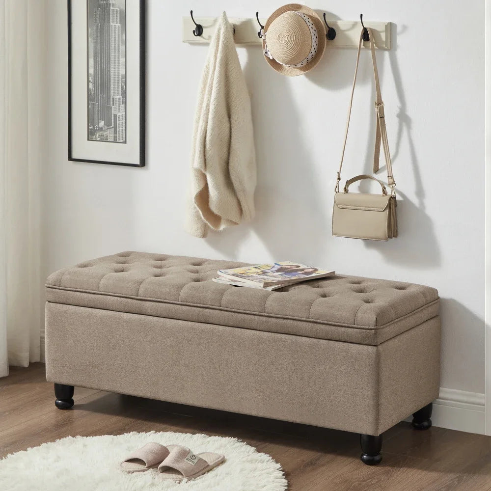 Upholstered Tufted Storage Ottoman Bench – Linen Fabric with Spindle Wooden Legs for Entryway or Bedroom