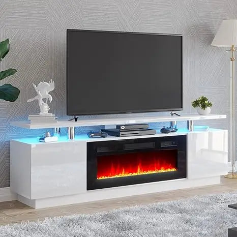 70'' High Gloss Fireplace TV Stand, 36'' Electric Fireplace, LED Entertainment Center - Homeward Trends