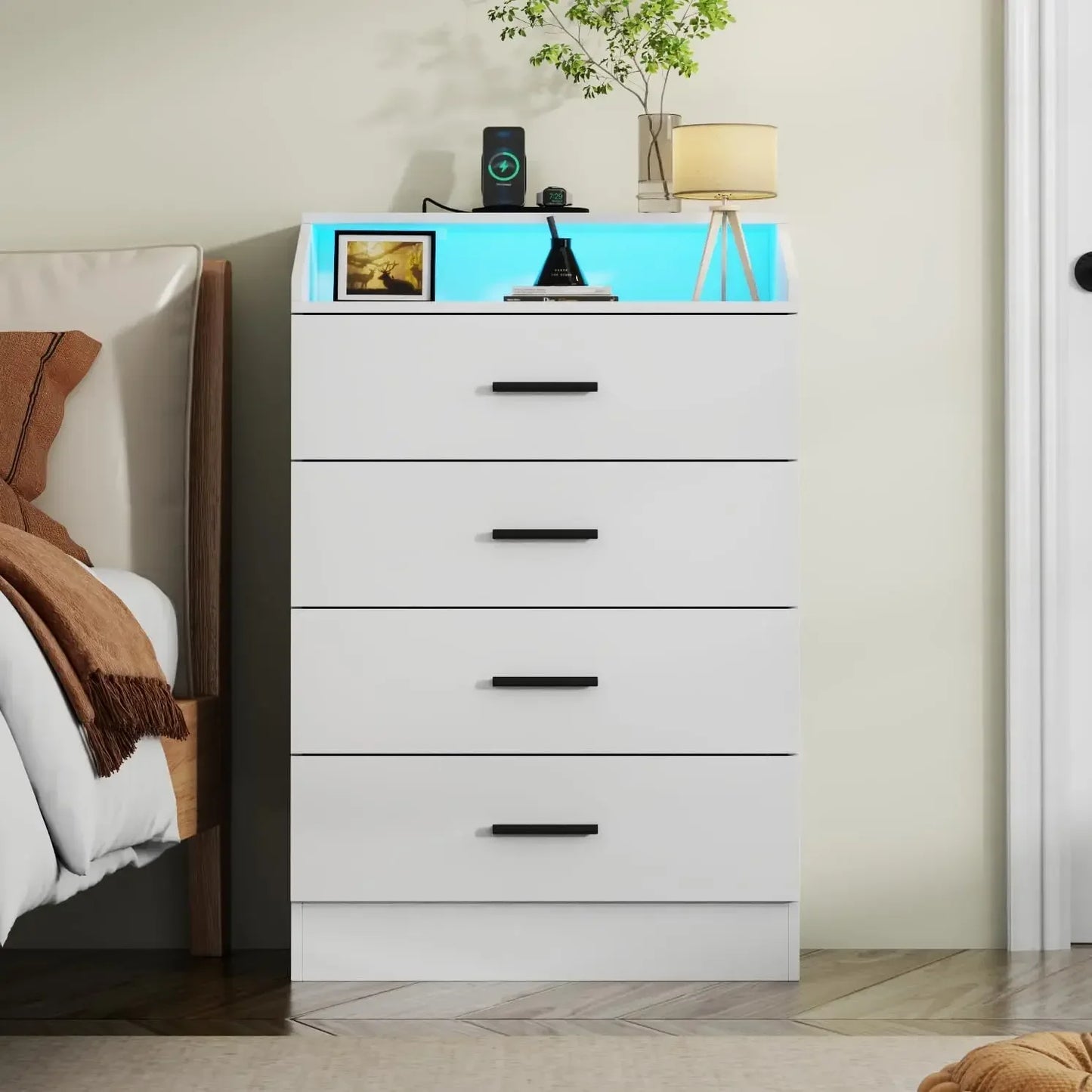 Dresser with Power Outlet, Chest of Drawers with LED Light, White Dresser Organizer with Open Storage Cubby, Modern Nightstand - Homeward Trends