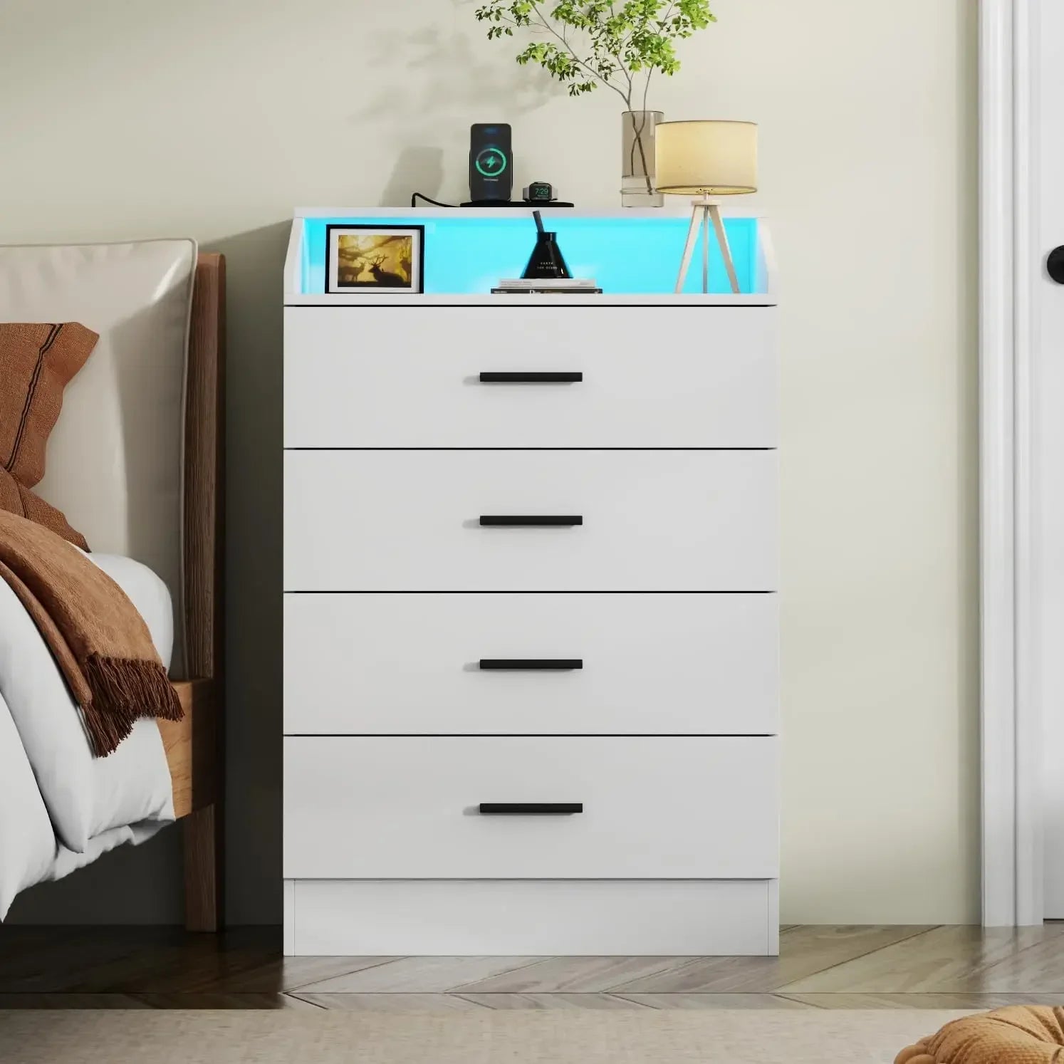 Dresser with Power Outlet, Chest of Drawers with LED Light, White Dresser Organizer with Open Storage Cubby, Modern Nightstand - Homeward Trends