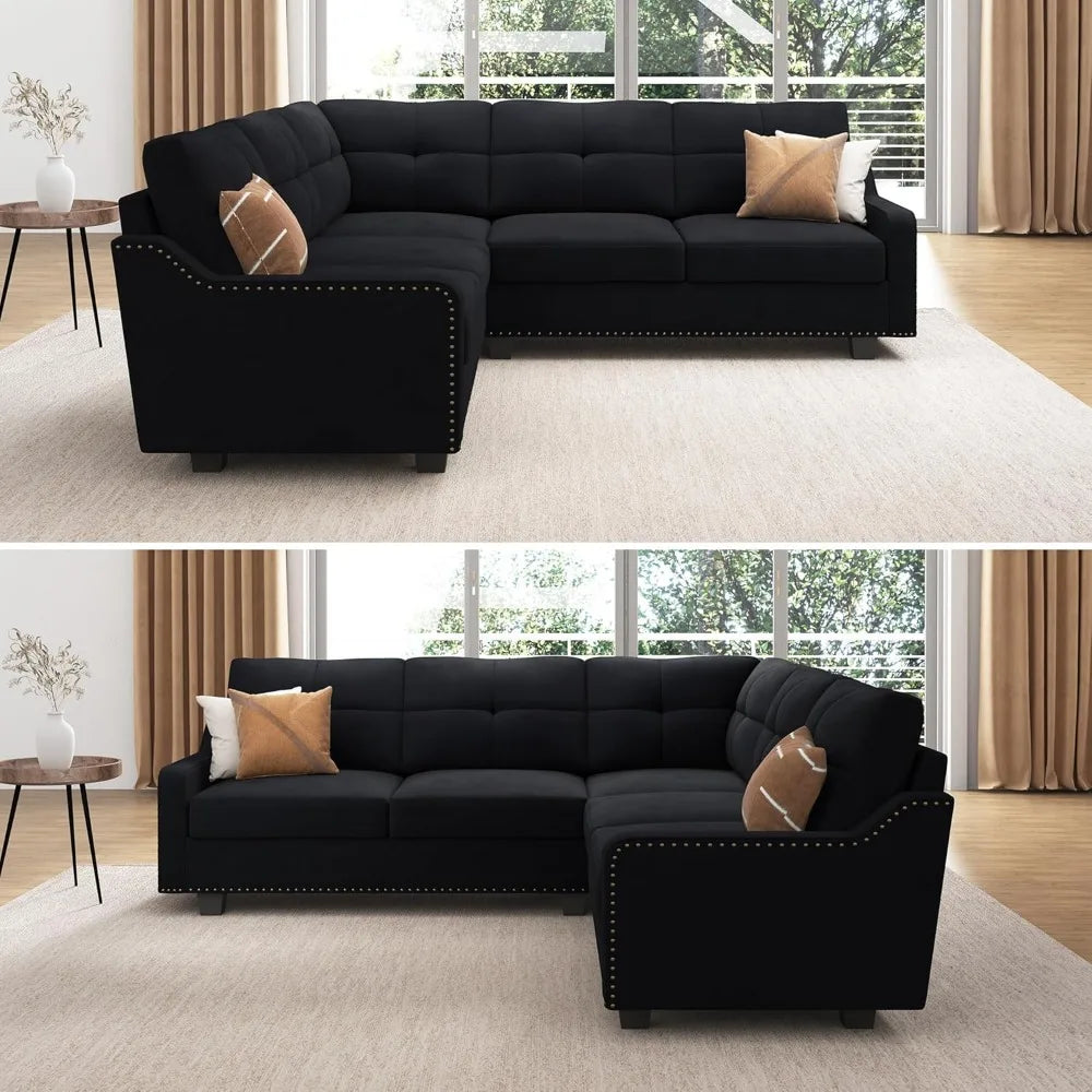 Convertible L-Shaped Velvet Sofa for Small Apartments – Reversible Sectional Couch in Black