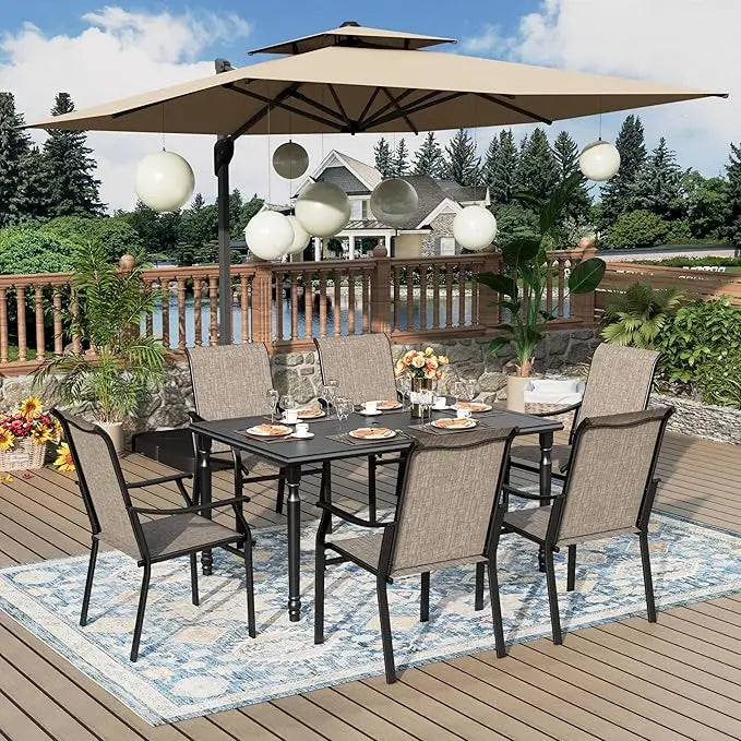 7-Piece Patio Dining Set – 64" Black Rectangular Table & 6 Textilene Chairs with Umbrella Hole