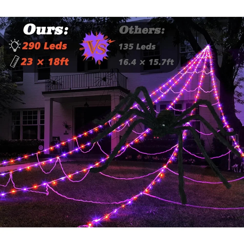 Spider Webs Halloween Decorations Outdoor 290 LED Halloween Spiders Web Lights Decoration with 78.7" Large Spider