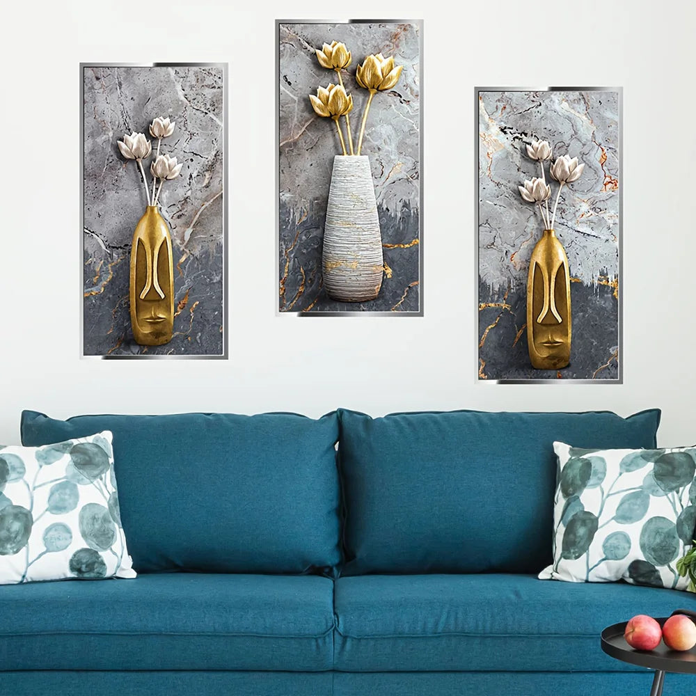 3D Golden Vase Floral 3pcs Set Art Aesthetic Posters Prints Living Room Home Decor Canvas - Homeward Trends