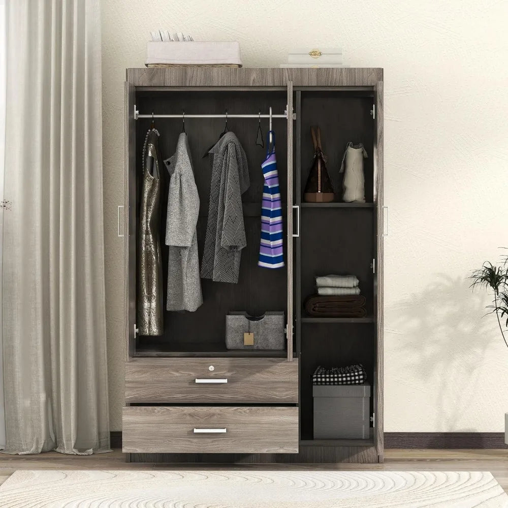 Freestanding Wardrobe Cabinet for Bedroom, 3 Doors Wooden Wardrobe Closet Cabinet with 2 Drawers, with Hanging Rod Shelf - Homeward Trends