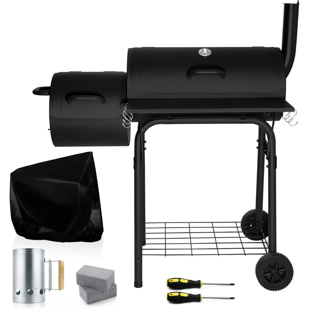 Charcoal Grill with Offset Smoker, 13 Pcs Outdoor Charcoal Grill with Smoker, 445 Sq.in Barrel BBQ Grill with Cover - Homeward Trends