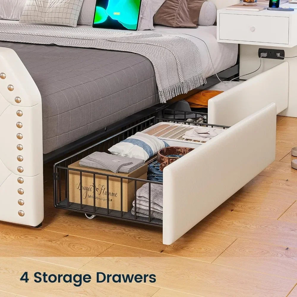 Full Size 53” Tall Platform Bed Frame with 4 Storage Drawers Built in Charging Station & LED Bedroom White Headboards Under Bed - Homeward Trends