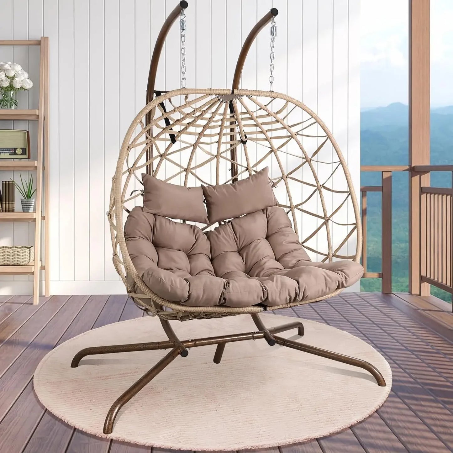 2-Person Wicker Egg Swing Chair with Stand – Outdoor Patio Hanging Chair with Cushions & Pillows