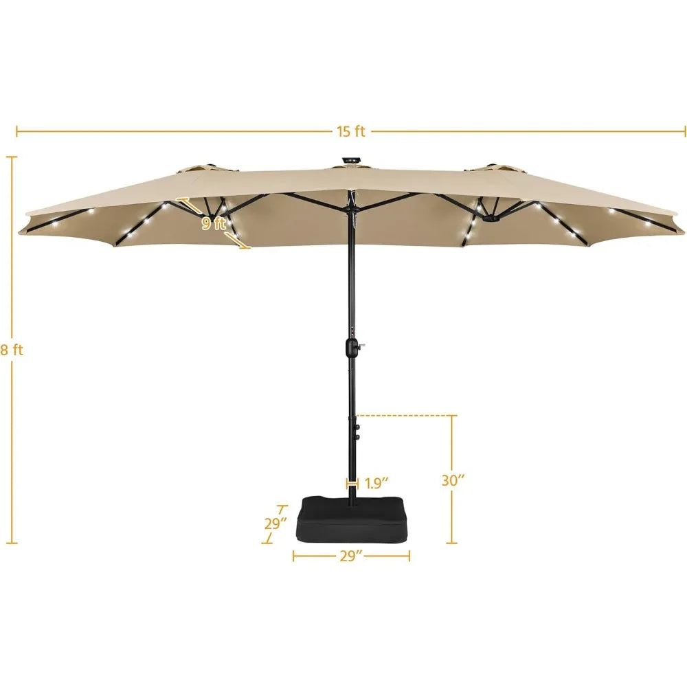 15FT Double-Sided Patio Umbrella – Large Outdoor Market Umbrella with Solar-Powered 36 LED Lights & Base