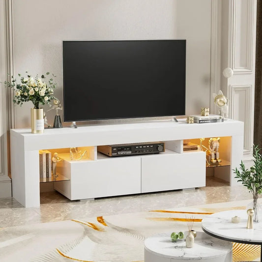 Modern LED TV Stand for Televisions up to 70 Inch with Glass Shelves and Drawer, Gaming Entertainment Center with Multiple - Homeward Trends