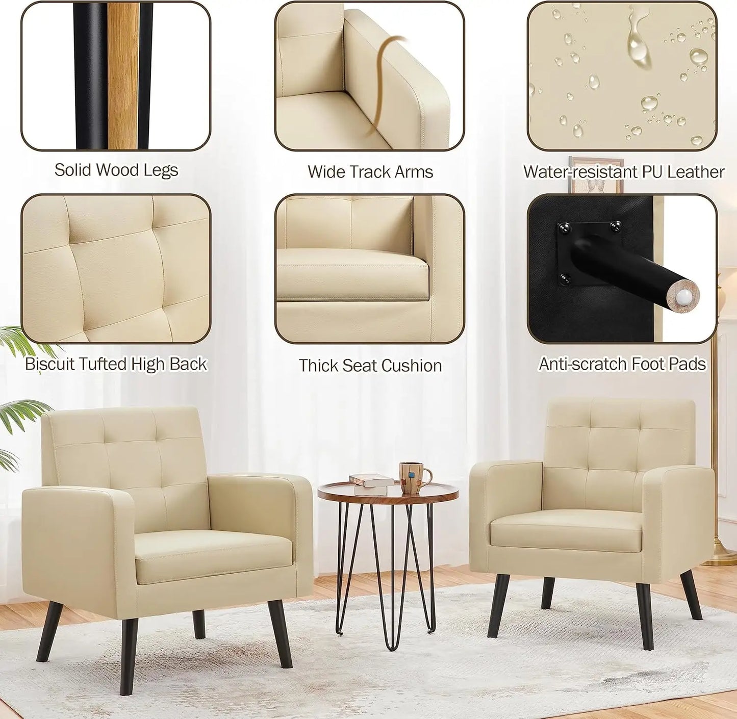 Mid-Century PU Leather Accent Chair - Modern Upholstered Armchair with Button Tufted Back & Wood Legs