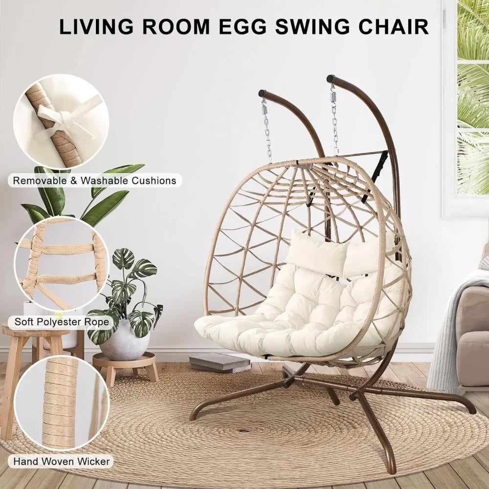 2-Person Wicker Egg Swing Chair with Stand – Outdoor Patio Hanging Chair with Cushions & Pillows