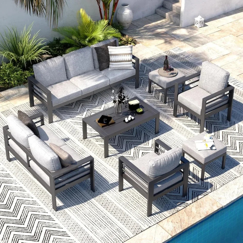 7-Piece Modern Outdoor Patio Furniture Set – Wicker Conversation Set with Cushions & Coffee Table for Balcony & Lawn