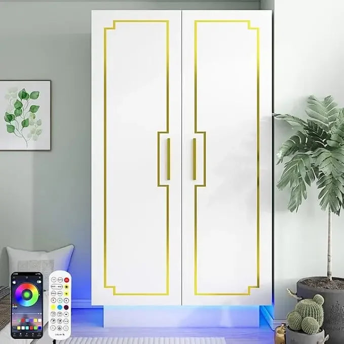 70in LED 4 Doors Armoires Wardrobe Closet&Cabinet with Metal Hanging Rod, Freestanding Bedroom White Tall Armoires with RGB LED - Homeward Trends