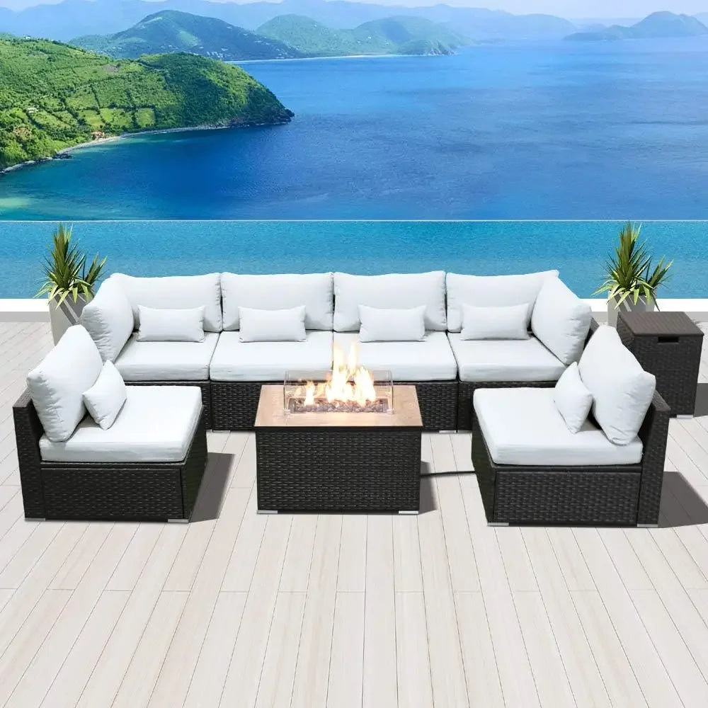 Outdoor Patio Sofa Set with Propane Fire Pit Table – Modern Outdoor Furniture for Deck & Garden