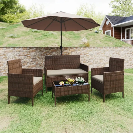 4-Piece Outdoor Wicker Rattan Patio Furniture Set – Sofa & Chairs with Soft Cushions and Glass Table