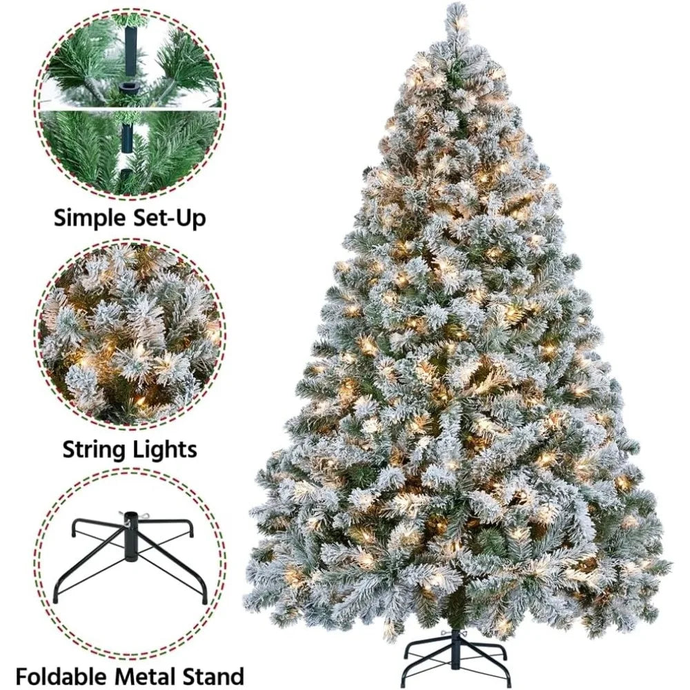 6ft Snow Flocked Pre-Lit Artificial Christmas Tree with Warm White Incandescent Lights, Full Xmas Tree