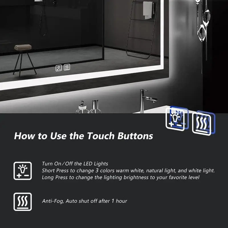 LED Bathroom Mirror – Front Light, Anti-Fog, 3 Color Modes, Dimmable