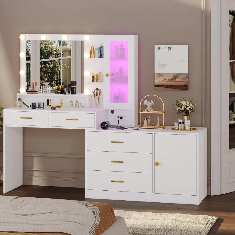 Makeup Vanity with Lights Vanity Desk with Mirror, Large Vanity Table Set with Drawer Dresser, Charging Station & RGB Cabinets - Homeward Trends