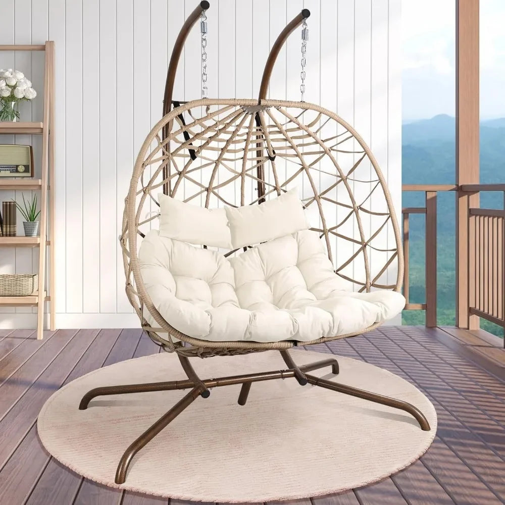 2-Person Wicker Egg Swing Chair with Stand – Outdoor Patio Hanging Chair with Cushions & Pillows