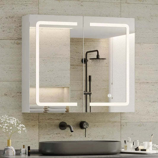 LED Bathroom Medicine Cabinet with Double Mirror Doors, Wall-Mounted Storage - Homeward Trends