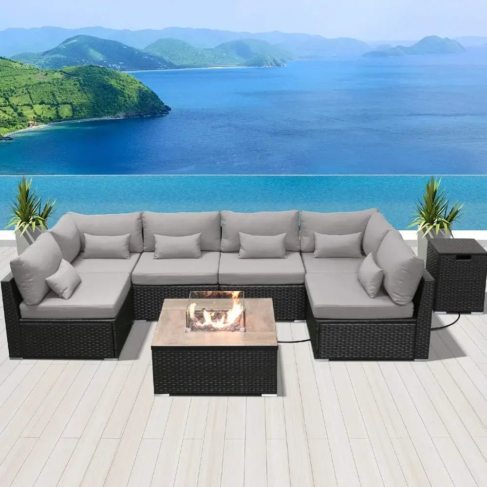 Outdoor Patio Sofa Set with Propane Fire Pit Table – Modern Outdoor Furniture for Deck & Garden