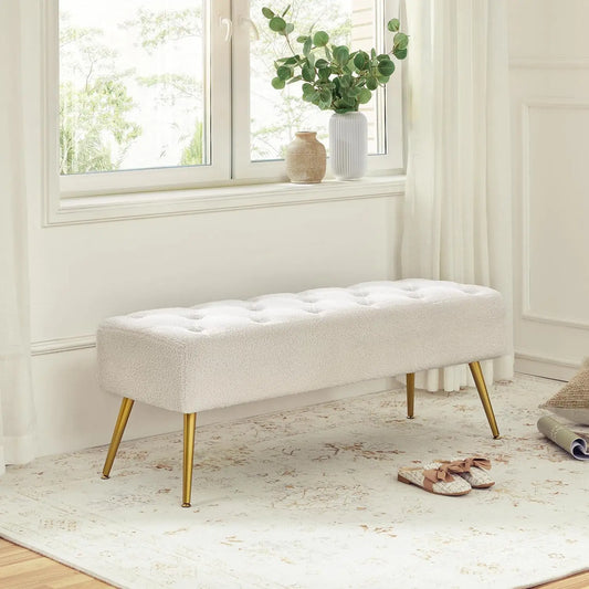 Ivory Boucle Upholstered Ottoman Bench with Gold Metal Legs – Modern Footrest for Living Room