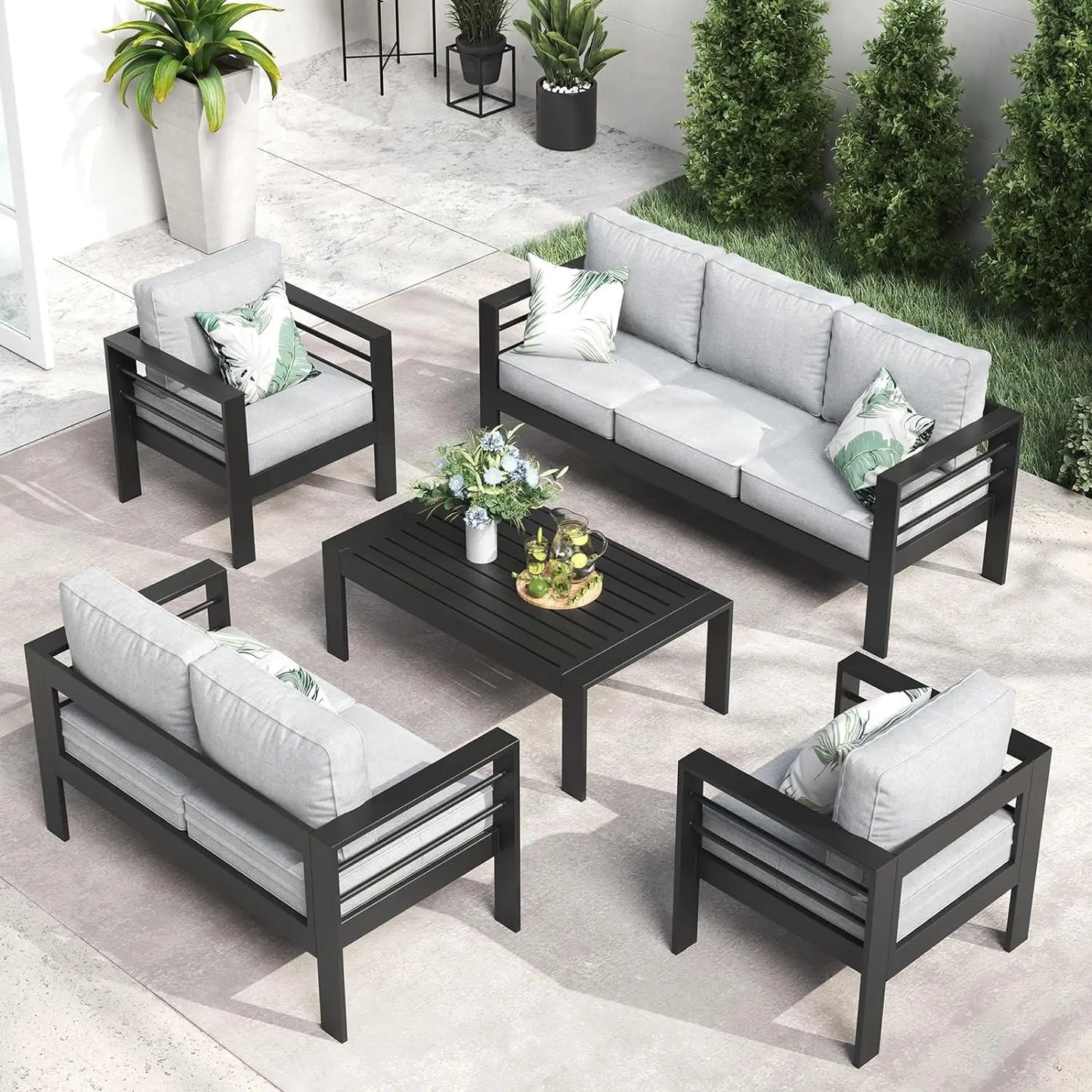 5-Piece Aluminum Patio Furniture Set with Fire Pit Table – Modern Outdoor Sectional Sofa Conversation Set