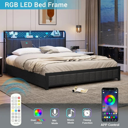 Queen Size Bed Frame, Padded Metal Bed Frame with USB Port and Charging Socket, LED Queen Size Bed Frame - Homeward Trends