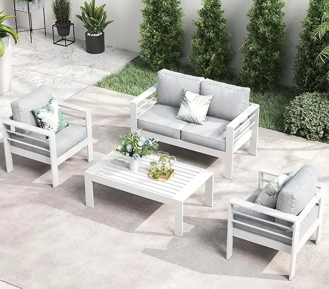 5-Piece Aluminum Patio Furniture Set with Fire Pit Table – Modern Outdoor Sectional Sofa Conversation Set