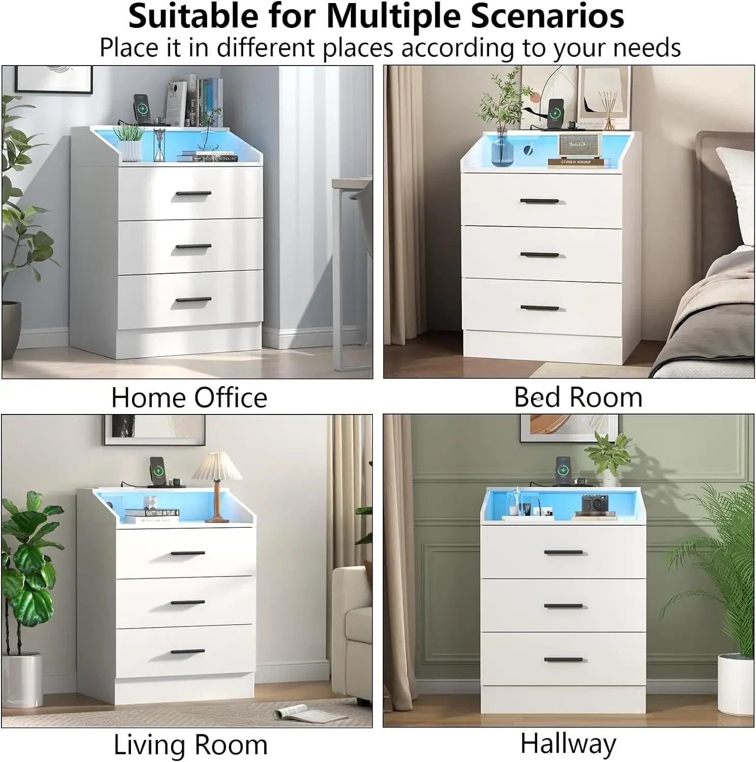 Dresser with Power Outlet, Chest of Drawers with LED Light, White Dresser Organizer with Open Storage Cubby, Modern Nightstand - Homeward Trends