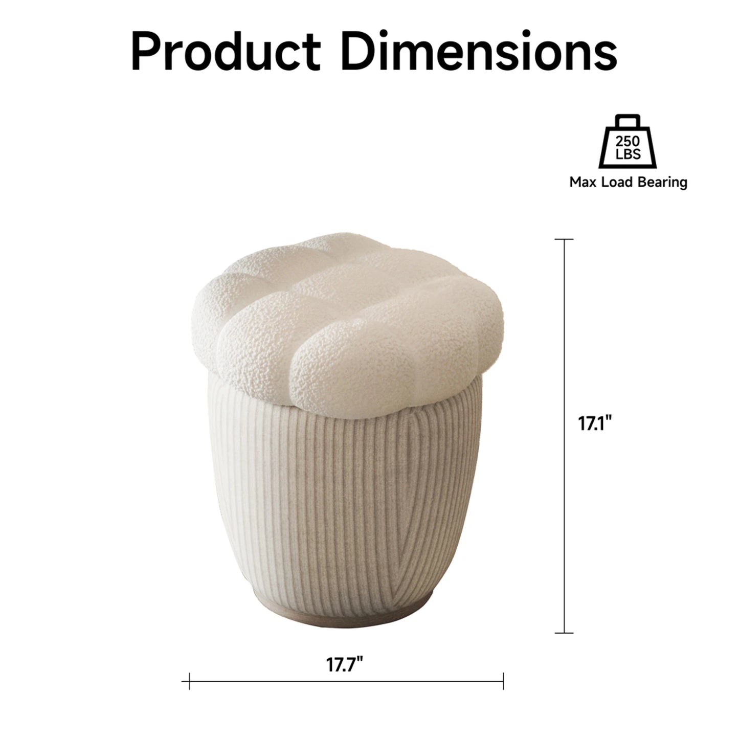 Cloud Boucle Vanity Stool with Removable Lid – 17.7'' Round Cashmere Storage Ottoman for Bedroom