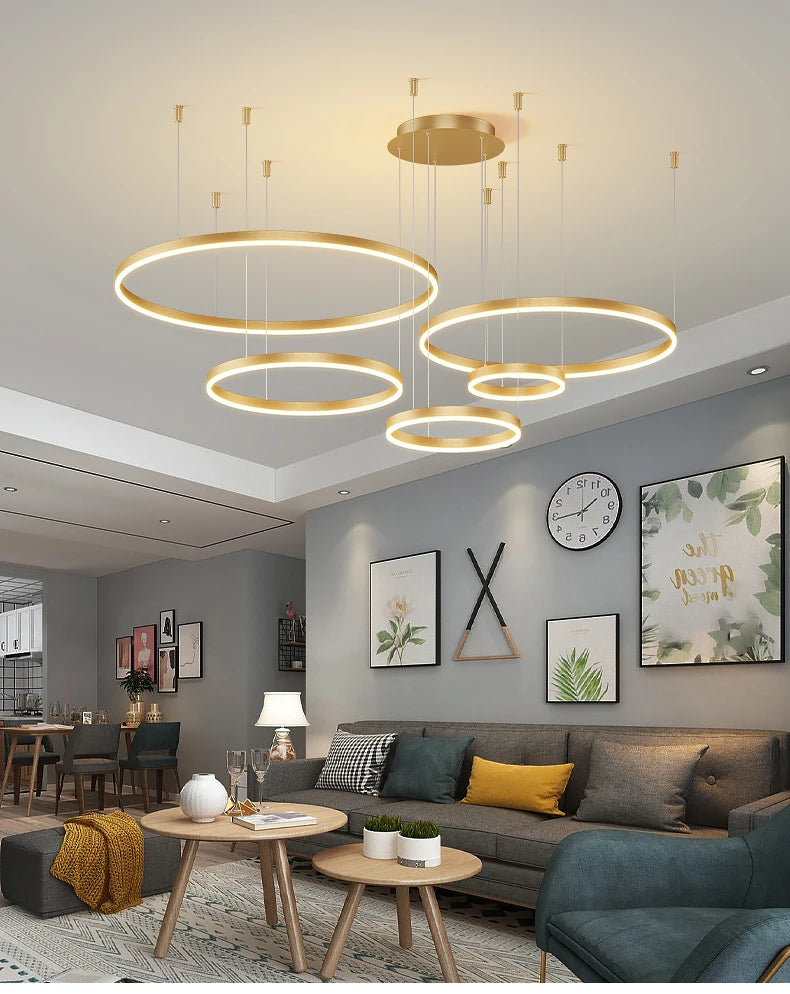 Minimalist Modern LED Chandelier - Gold & Black Brushed Ring Ceiling Light for Home & Dining - Homeward Trends