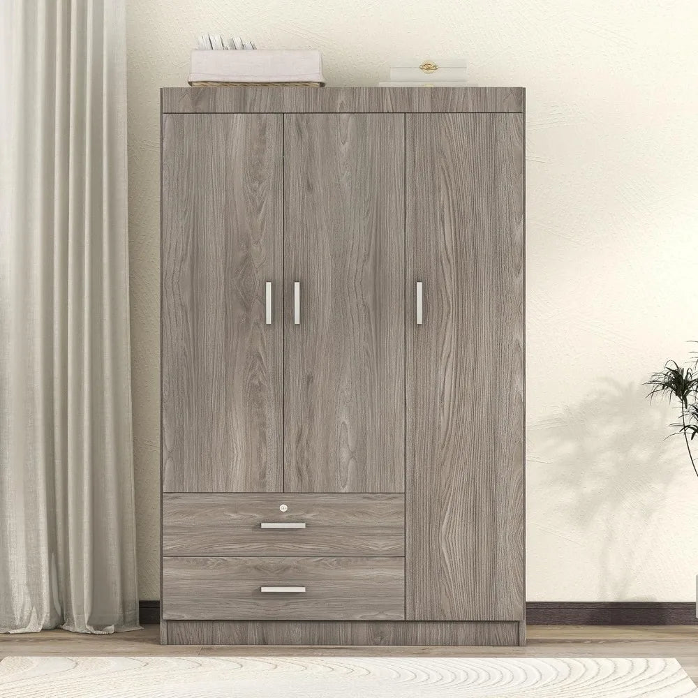 Freestanding Wardrobe Cabinet for Bedroom, 3 Doors Wooden Wardrobe Closet Cabinet with 2 Drawers, with Hanging Rod Shelf - Homeward Trends