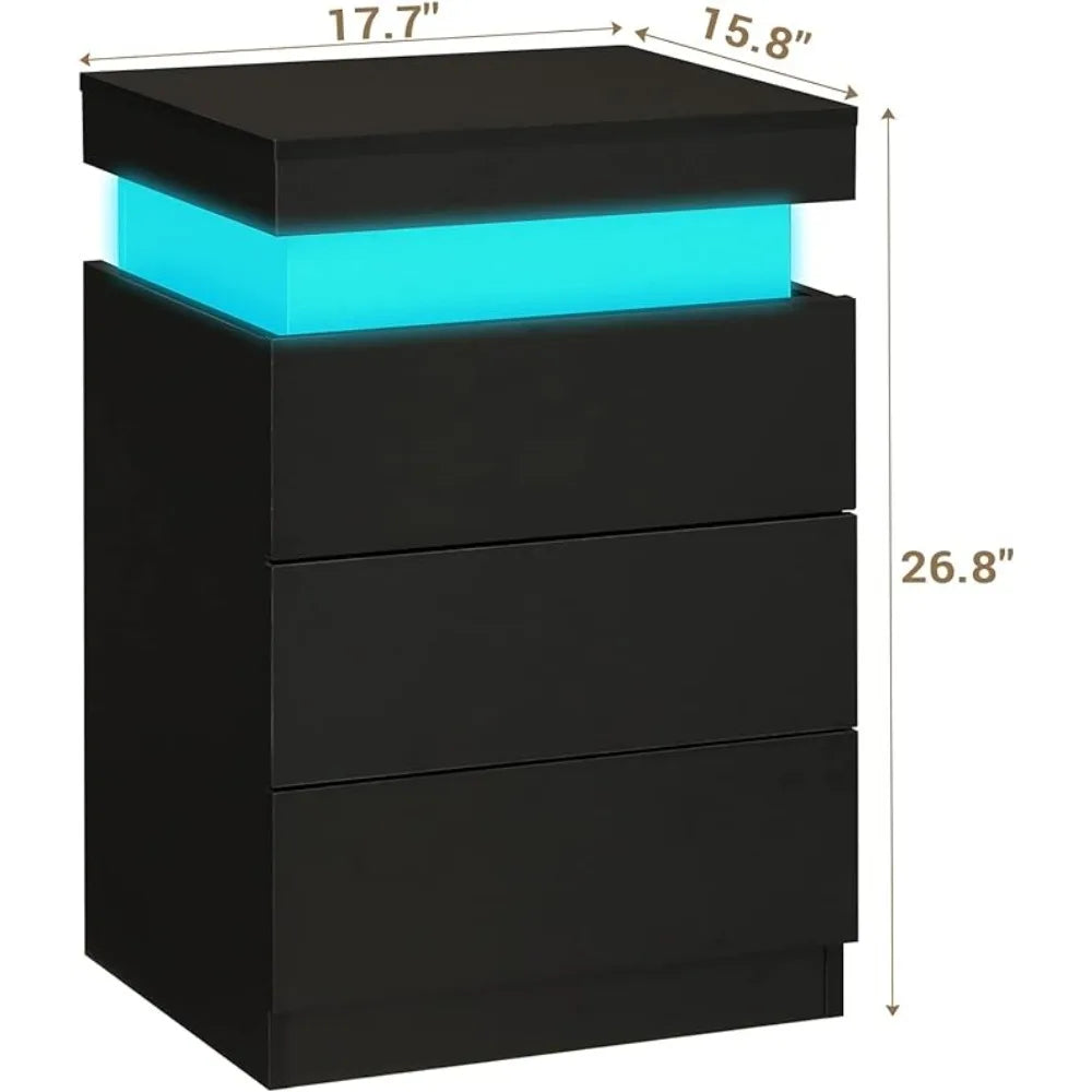 LED Bedside Table With 3 Bedroom Drawers 16-color Lights and 2 AC and 2 USB Ports Bedside Tables for the Bedroom Nightstands - Homeward Trends