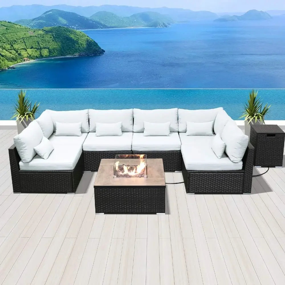 Outdoor Patio Sofa Set with Propane Fire Pit Table – Modern Outdoor Furniture for Deck & Garden